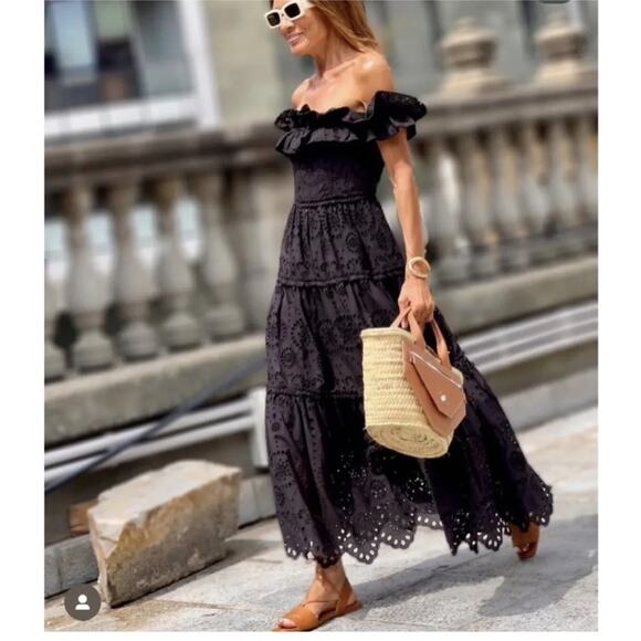 Zara Black Embroidered Eyelet Off The Shoulder Ruffle Midi Dress XS - Picture 2 of 11